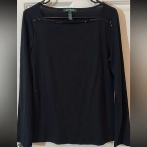 Lauren Ralph Lauren long sleeve top size large black cotton sequins stripe shirt